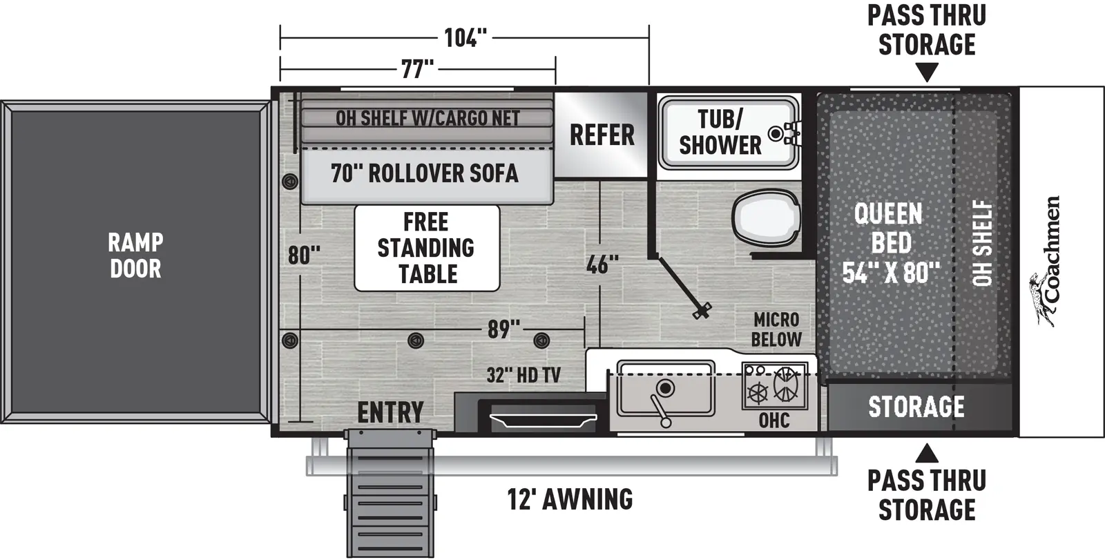 The 17BLSE has no slide outs, one entry, and a rear ramp door. Exterior features front pass-thru storage, and a 12 foot awning. Interior layout front to back: side facing queen bed with overhead shelf and door side storage; off-door side bathroom with toilet and tub/shower only; door side kitchen counter with cooktop and sink, microwave below, overhead cabinets with HD TV, and entry door off-door side refrigerator, rollover sofa with free-standing dinette and overhead shelf with cargo net. Garage dimensions: 104 inches from rear to bathroom wall; 89 inches from rear to kitchen counter; 77 inches from rear to refrigerator; 80 inches from door side to off-door side; 46 inches from kitchen counter to refrigerator.